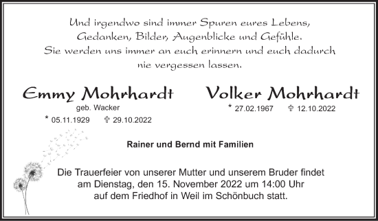 Traueranzeige von Emmy und Volker Mohrhardt von Kreiszeitung Böblinger Bote