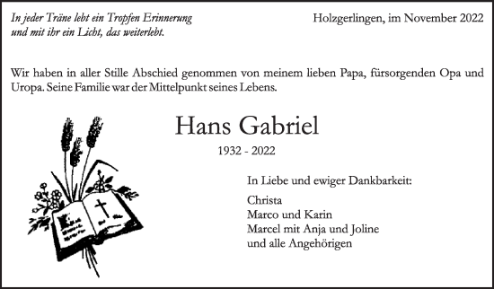 Traueranzeige von Hans Gabriel von Kreiszeitung Böblinger Bote