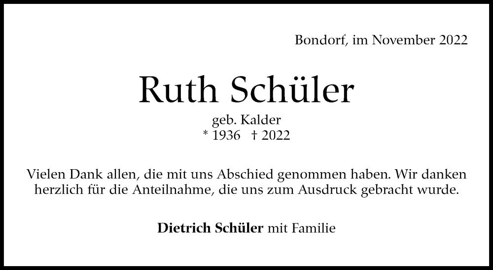  Traueranzeige für Ruth Schüler vom 25.11.2022 aus Kreiszeitung Böblinger Bote