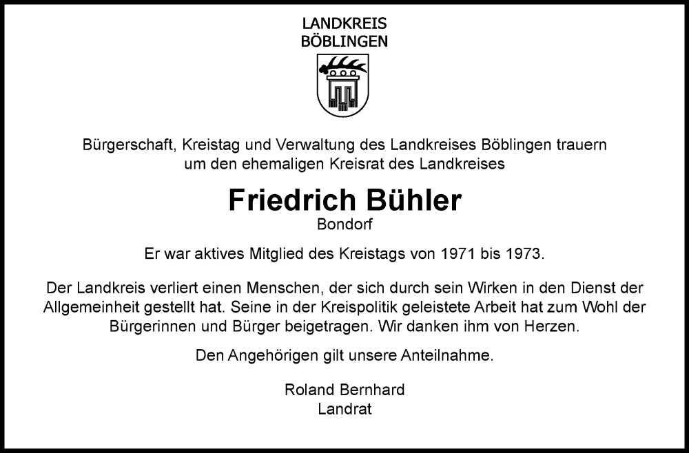  Traueranzeige für Friedrich Bühler vom 16.12.2022 aus Kreiszeitung Böblinger Bote