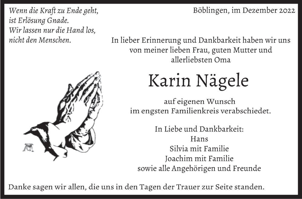  Traueranzeige für Karin Nägele vom 15.12.2022 aus Kreiszeitung Böblinger Bote