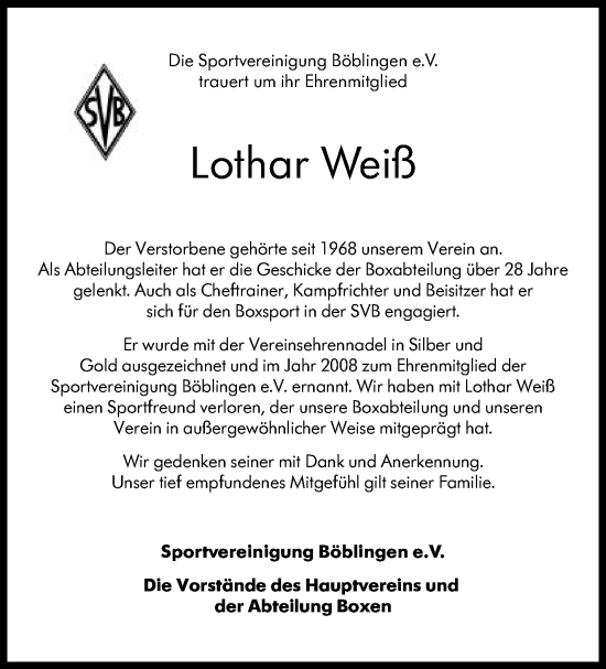 Traueranzeige von Lothar Weiß von Kreiszeitung Böblinger Bote