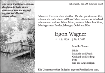 Traueranzeige von Egon Wagner von Kreiszeitung Böblinger Bote