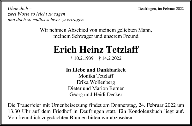  Traueranzeige für Erich Heinz Tetzlaff vom 22.02.2022 aus Kreiszeitung Böblinger Bote