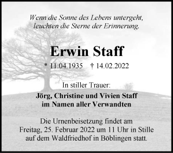 Traueranzeige von Erwin Staff von Kreiszeitung Böblinger Bote