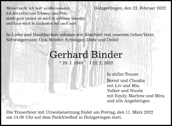 Traueranzeige von Gerhard Binder von Kreiszeitung Böblinger Bote