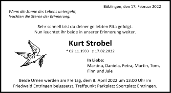 Traueranzeige von Kurt Strobel von Kreiszeitung Böblinger Bote