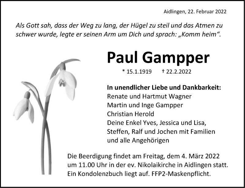  Traueranzeige für Paul Gampper vom 26.02.2022 aus Kreiszeitung Böblinger Bote