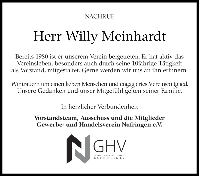  Traueranzeige für Willy Meinhardt vom 25.02.2022 aus Kreiszeitung Böblinger Bote