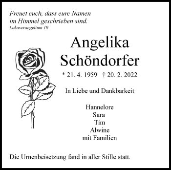 Traueranzeige von Angelika Schöndorfer von Kreiszeitung Böblinger Bote