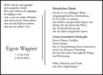 Traueranzeige von Egon Wagner von Kreiszeitung Böblinger Bote