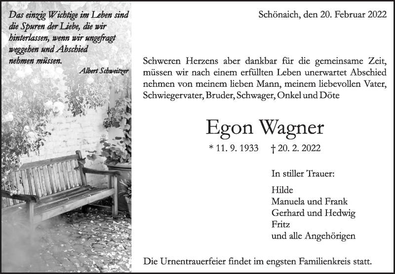  Traueranzeige für Egon Wagner vom 03.03.2022 aus Kreiszeitung Böblinger Bote