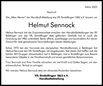 Traueranzeige von Helmut Sennock von Kreiszeitung Böblinger Bote