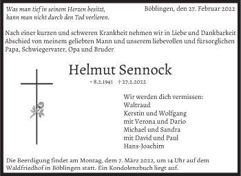 Traueranzeige von Helmut Sennock von Kreiszeitung Böblinger Bote
