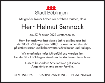 Traueranzeige von Helmut Sennock von Kreiszeitung Böblinger Bote