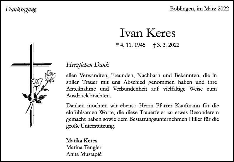  Traueranzeige für Ivan Keres vom 23.03.2022 aus Kreiszeitung Böblinger Bote