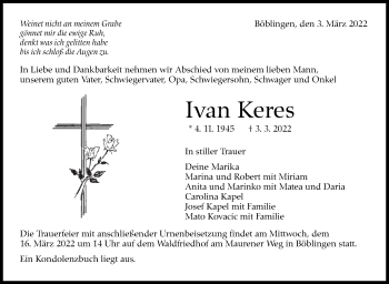 Traueranzeige von Ivan Keres von Kreiszeitung Böblinger Bote