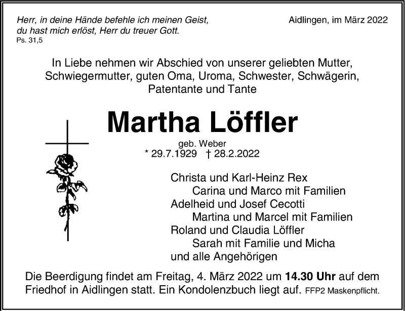  Traueranzeige für Martha Löffler vom 02.03.2022 aus Kreiszeitung Böblinger Bote