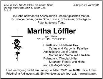 Traueranzeige von Martha Löffler von Kreiszeitung Böblinger Bote