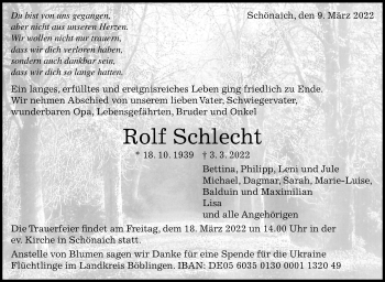Traueranzeige von Rolf Schlecht von Kreiszeitung Böblinger Bote