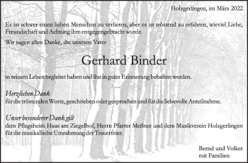 Traueranzeige von Gerhard Binder von Kreiszeitung Böblinger Bote