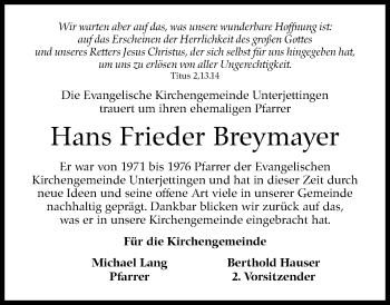 Traueranzeige von Hans Frieder Breymayer von Kreiszeitung Böblinger Bote