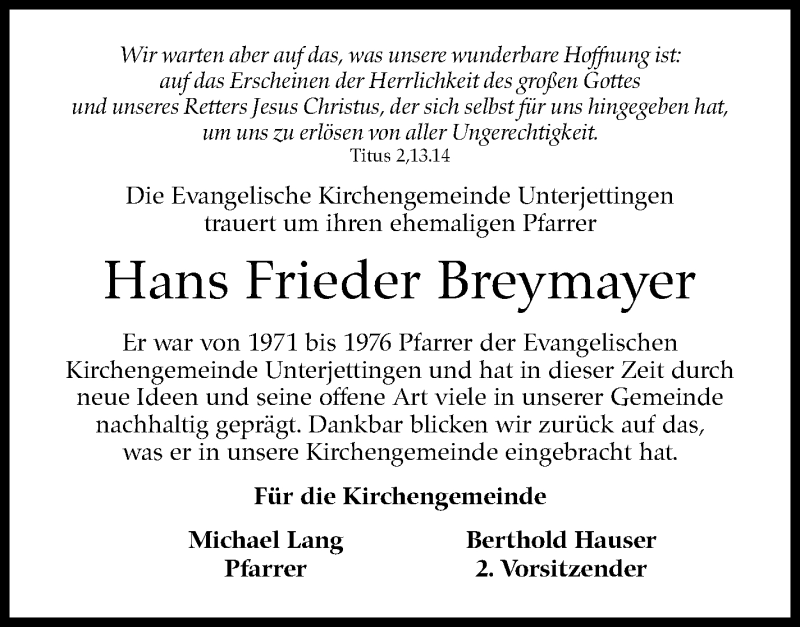  Traueranzeige für Hans Frieder Breymayer vom 28.04.2022 aus Kreiszeitung Böblinger Bote