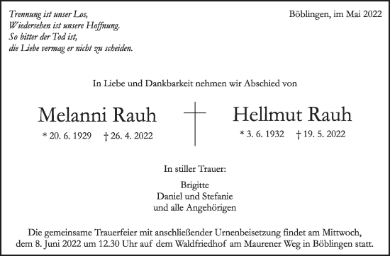 Traueranzeige von Melanni und Hellmut Rauh von Kreiszeitung Böblinger Bote