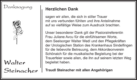 Traueranzeige von Walter Steinacher von Kreiszeitung Böblinger Bote