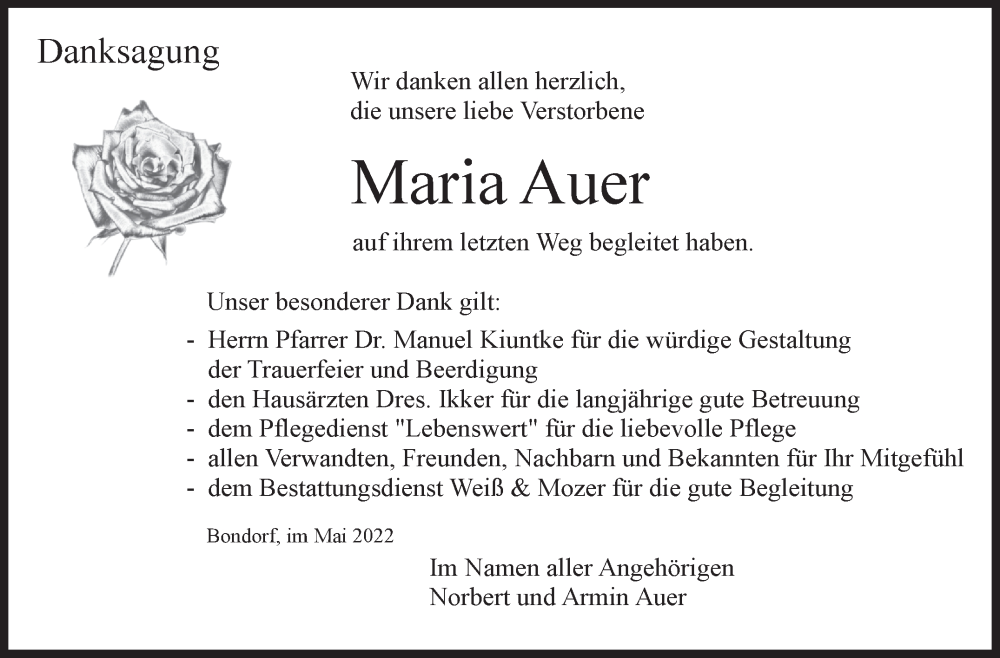  Traueranzeige für Maria Auer vom 03.06.2022 aus Kreiszeitung Böblinger Bote