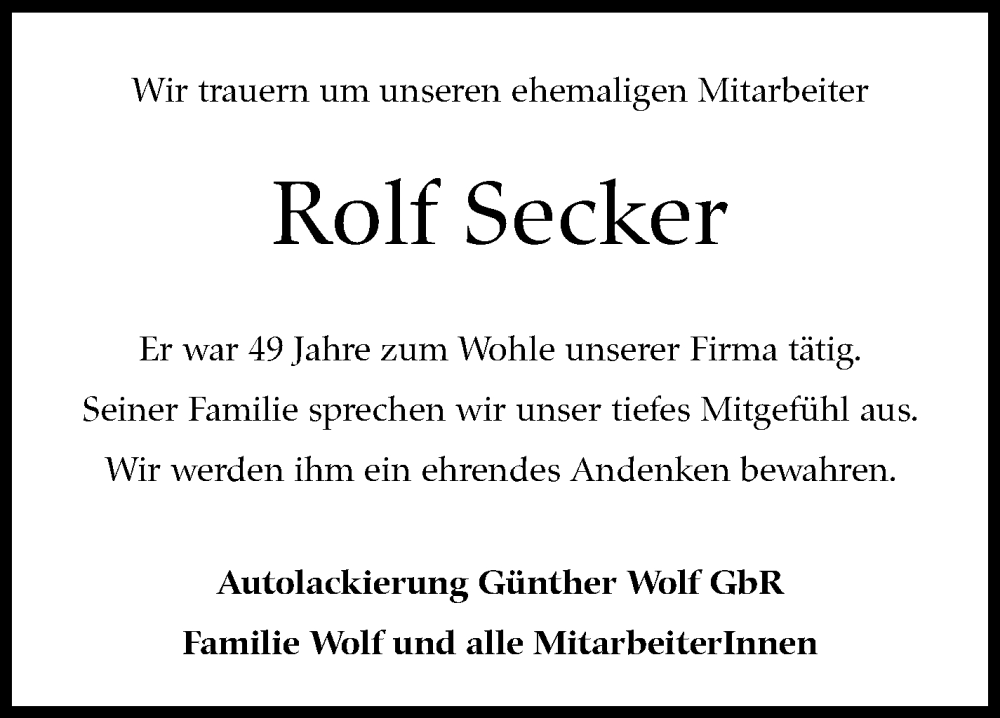  Traueranzeige für Rolf Secker vom 21.06.2022 aus Kreiszeitung Böblinger Bote
