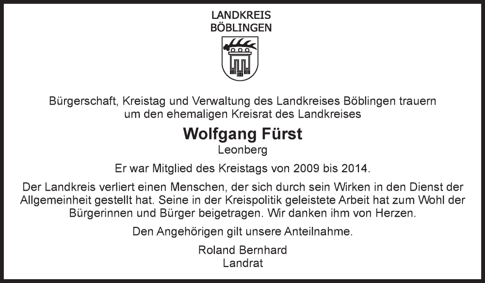  Traueranzeige für Wolfgang Fürst vom 28.06.2022 aus Kreiszeitung Böblinger Bote