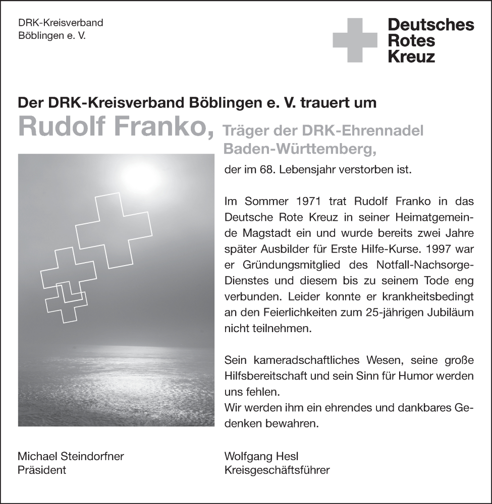  Traueranzeige für Rudolf Franko vom 29.07.2022 aus Kreiszeitung Böblinger Bote