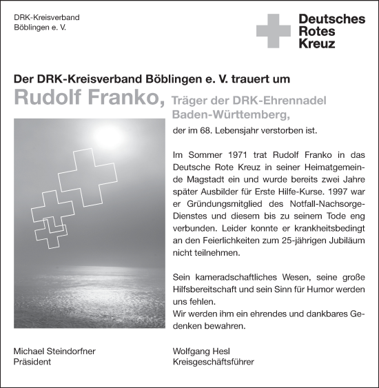 Traueranzeige von Rudolf Franko von Kreiszeitung Böblinger Bote