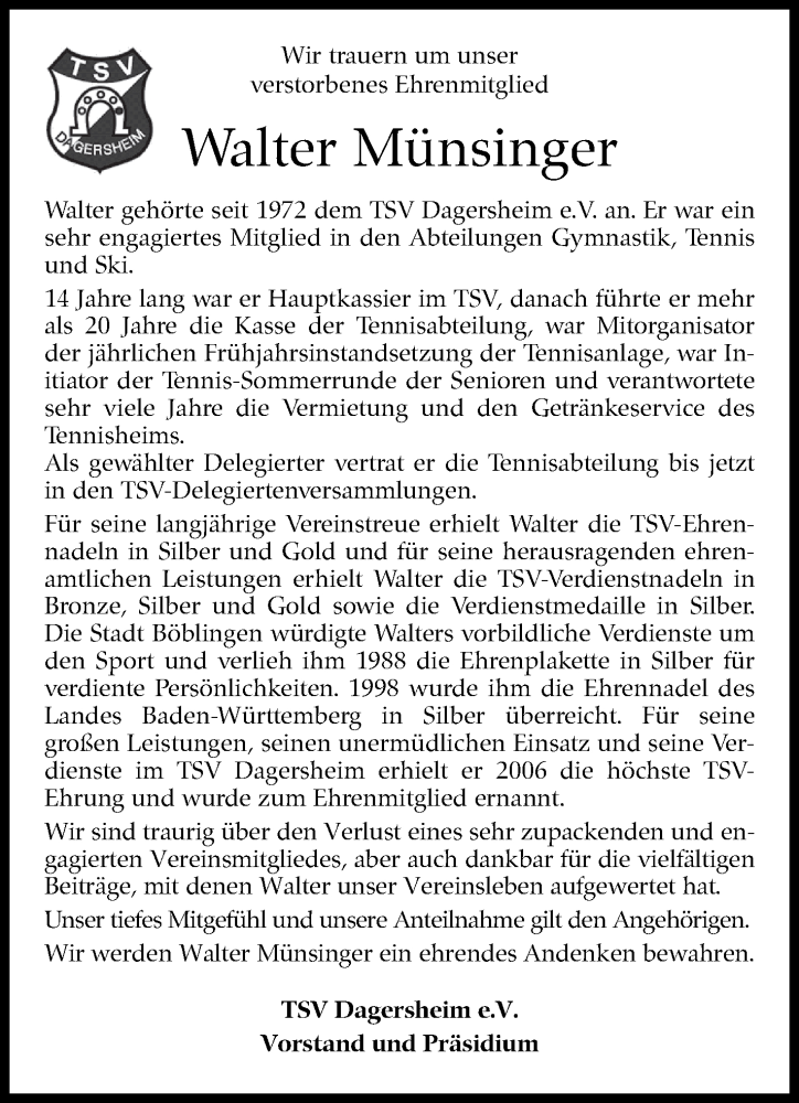 Traueranzeige für Walter Münsinger vom 22.07.2022 aus Kreiszeitung Böblinger Bote