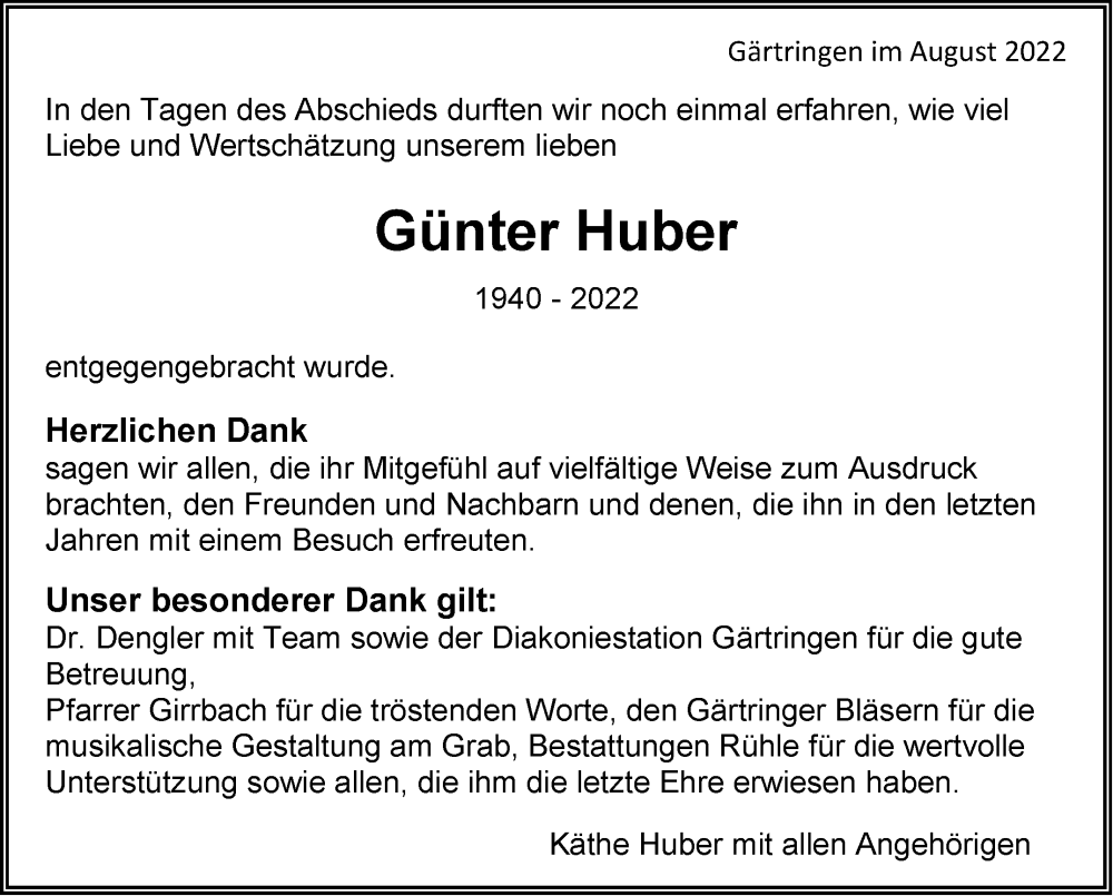  Traueranzeige für Günter Huber vom 23.08.2022 aus Kreiszeitung Böblinger Bote