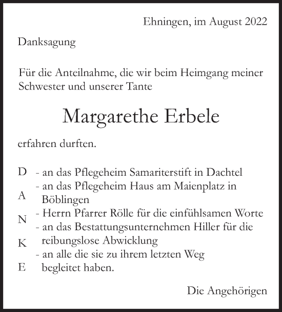 Traueranzeige von Margarethe Erbele von Kreiszeitung Böblinger Bote