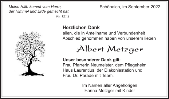 Traueranzeige von Albert Metzger von Kreiszeitung Böblinger Bote