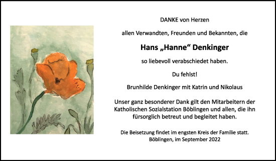 Traueranzeige von Hans Denkinger von Kreiszeitung Böblinger Bote