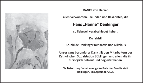 Traueranzeige von Hans  Denkinger von Kreiszeitung Böblinger Bote