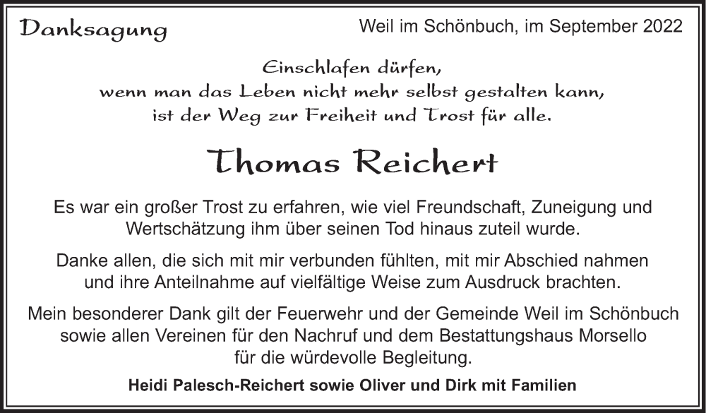  Traueranzeige für Thomas Reichert vom 29.09.2022 aus Kreiszeitung Böblinger Bote