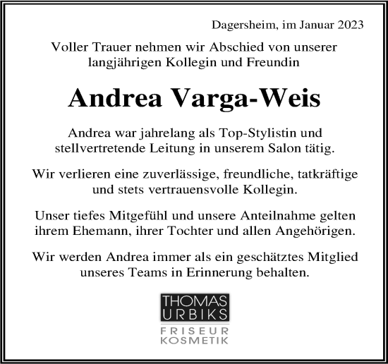 Traueranzeige von Andrea Varga-Weis von Kreiszeitung Böblinger Bote