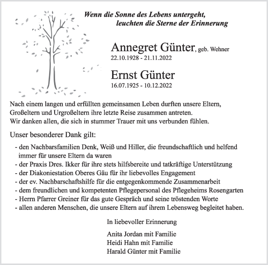 Traueranzeige von Annegret und Ernst Günter von Kreiszeitung Böblinger Bote