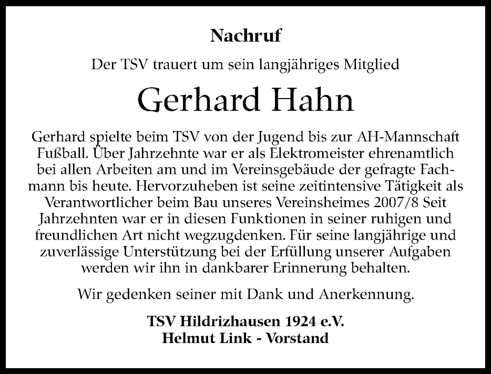  Traueranzeige für Gerhard Hahn vom 27.01.2023 aus Kreiszeitung Böblinger Bote