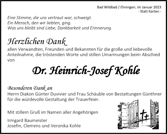 Traueranzeige von Heinz-Josef Kohle von Kreiszeitung Böblinger Bote