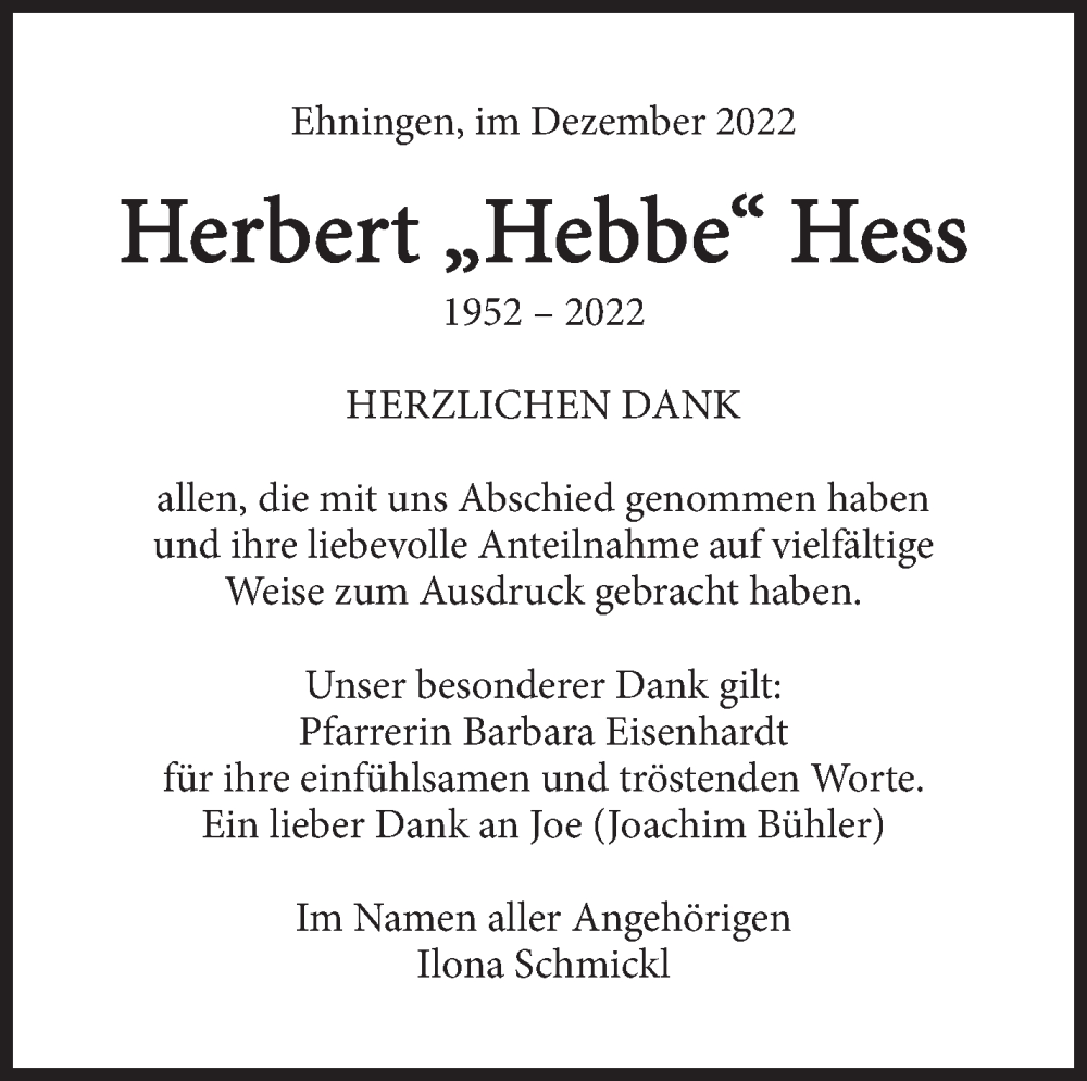  Traueranzeige für Herbert Hess vom 12.01.2023 aus Kreiszeitung Böblinger Bote