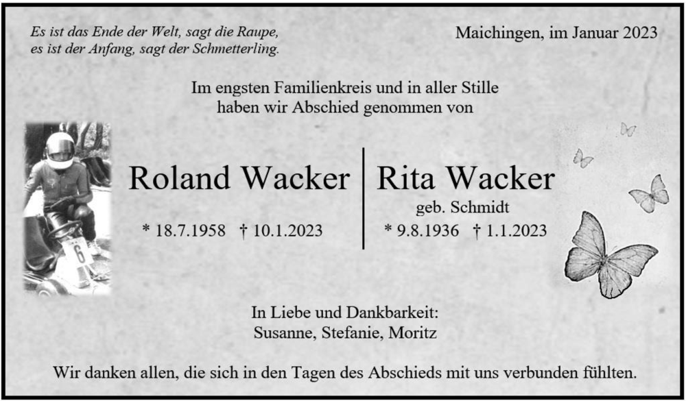  Traueranzeige für Roland und Rita Wacker vom 28.01.2023 aus Kreiszeitung Böblinger Bote
