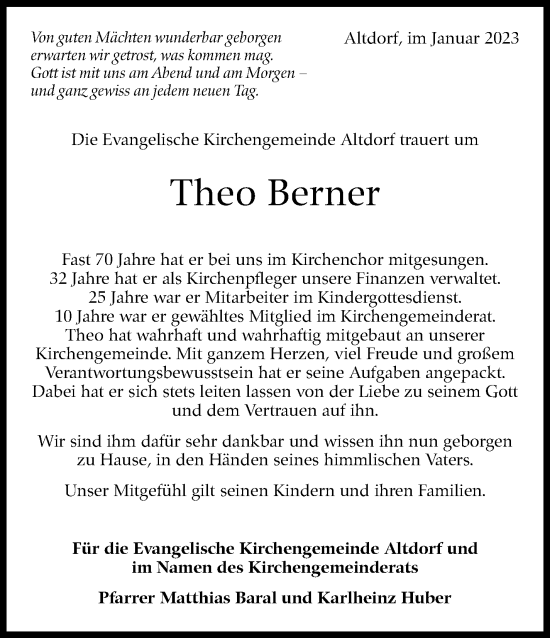Traueranzeige von Theo Berner von Kreiszeitung Böblinger Bote