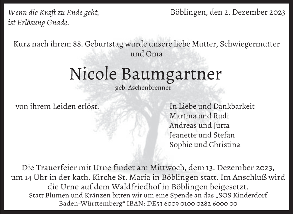  Traueranzeige für Nicole Baumgartner vom 08.12.2023 aus Kreiszeitung Böblinger Bote