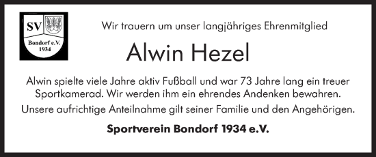 Traueranzeige von Alwin Hezel von Kreiszeitung Böblinger Bote